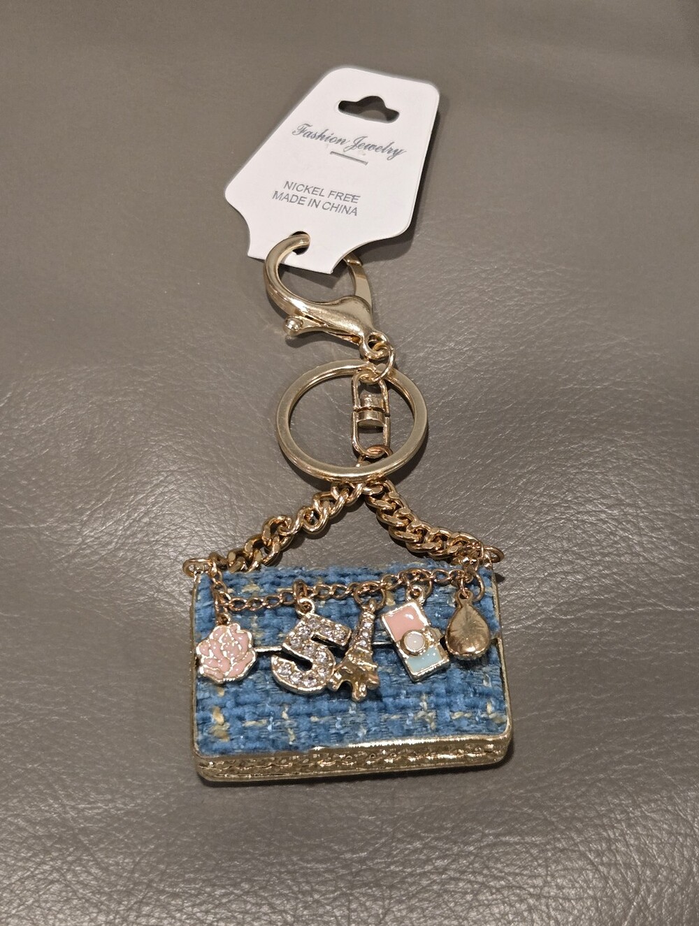 Purse Charm Keychain Velvet Gold-Tone Blue